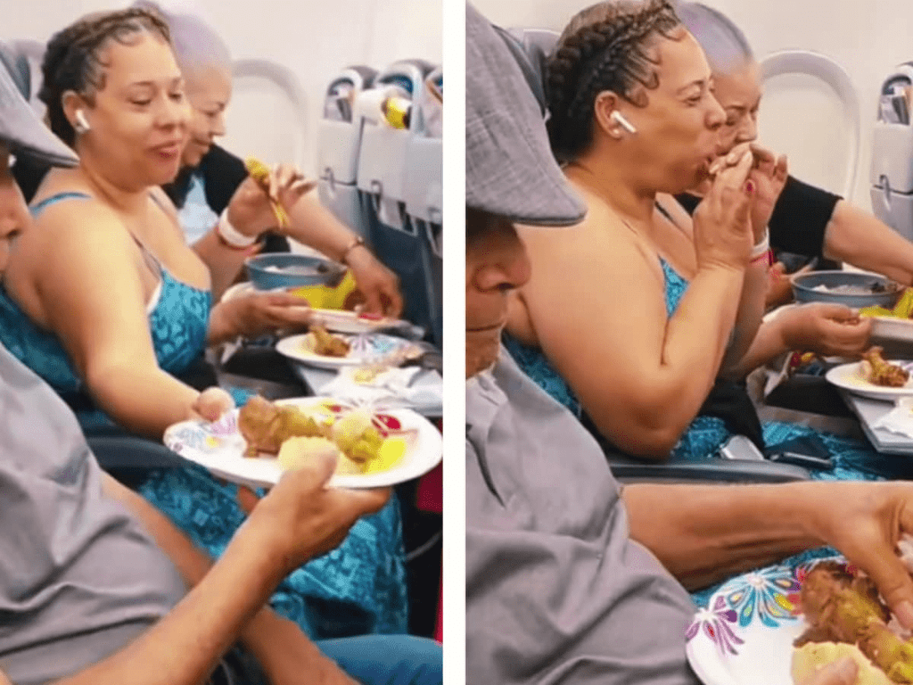 viral en redes por comer pollo en avión.