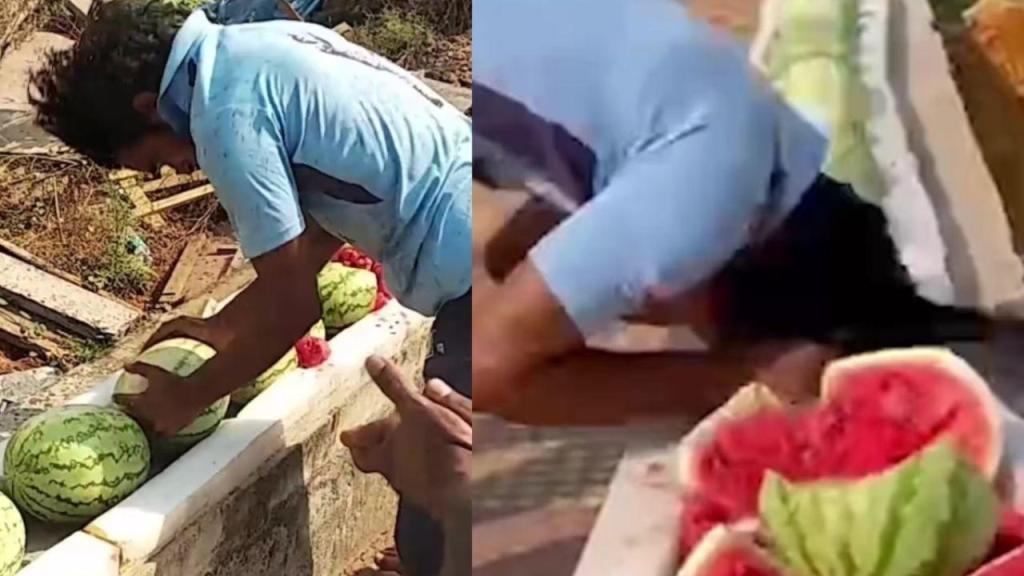 Récord Guinness rompiendo sandías con la cabeza.